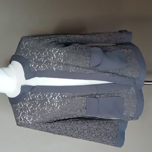 Alfani Gray Lace Long Sleeve Cover Blouse w Fabric Trim and Pockets Size S